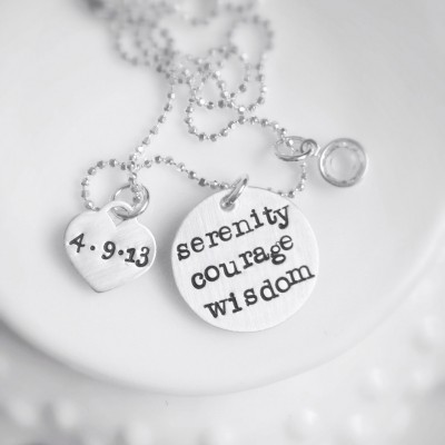 Serenity Prayer Inspirational Necklace Sterling Silver Courage Wisdom Date Birthstone Sobriety AA Jewelry
