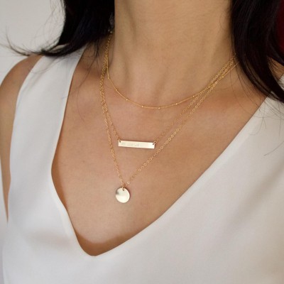 Set of Three Layering Necklace//Gold Bar Necklace & Disc Layering Necklace//Personalized Necklace//Initial Disc//Dainty Beaded Satellite