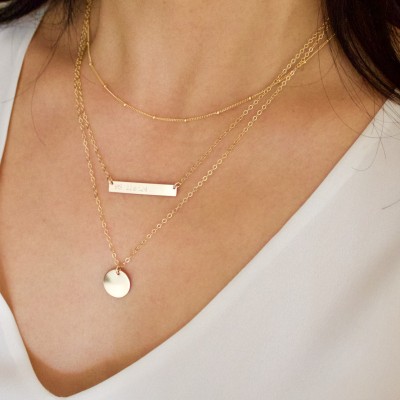 Set of Three Layering Necklace//Gold Bar Necklace & Disc Layering Necklace//Personalized Necklace//Initial Disc//Dainty Beaded Satellite