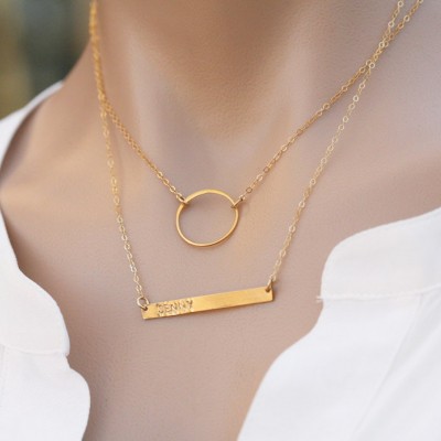 Set of two,Double layered strand enternity circle bar necklace,Silver or Gold , Skinny Initial Name Plate Contemporary Bridesmaid's jewelry