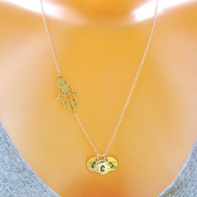 Sideways Necklace, 3 Initial Necklace, Hamsa necklace, Mom necklace, Hand Necklace, Friendship necklace, Silver Hamsa Necklace, Mixed Metal,