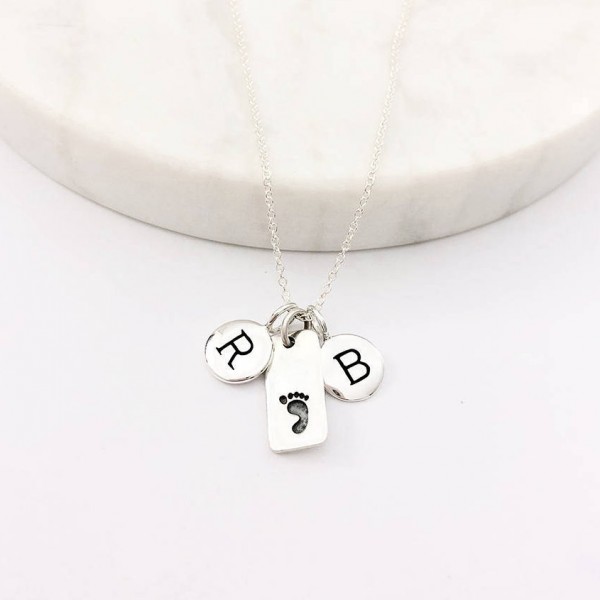 Silver 2 Initial & Baby Foot Tag Necklace - Mom Necklace - New Baby Necklace