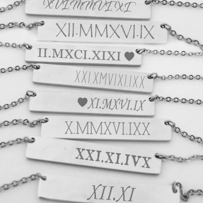 Silver Bar Necklace, Personalized Roman Numeral Necklace, Custom Name, Monogram Necklace, Custom Coordinates, Bridesmaid Gift, Name Necklace