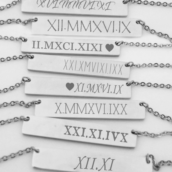 Silver Bar Necklace, Personalized Roman Numeral Necklace, Custom Name, Monogram Necklace, Custom Coordinates, Bridesmaid Gift, Name Necklace