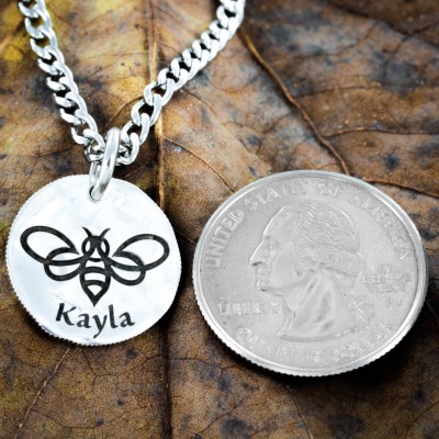 Silver Bumble Bee Name Necklace, Hammered and engraved silver dime