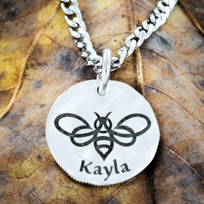 Silver Bumble Bee Name Necklace, Hammered and engraved silver dime