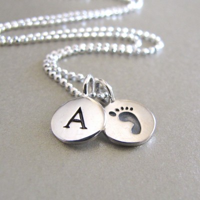Silver Initial & Baby Foot Print Necklace - Personalized