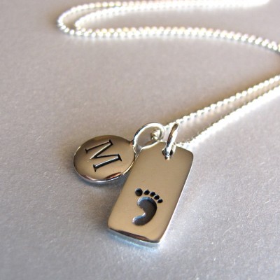 Silver Initial & Baby Footprint Charm Necklace - Personalized