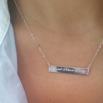 Silver Nameplate Necklace - Personalized Bar Necklace - Custom Engraved - Bar Necklace - Custom Message - Inspirational - Good Vibes Only