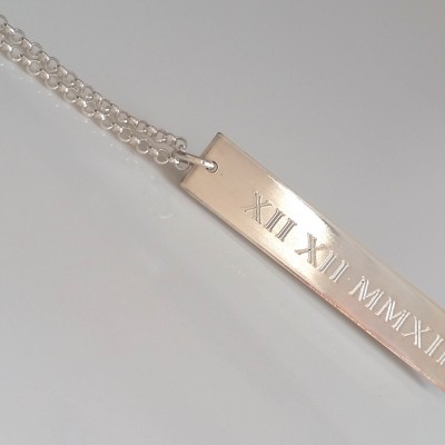 Silver Roman Numeral Necklace - Custom Date Bar - Custom Engraved - Save the Date Necklace - Roman Numeral Pendant - Vertical  Date Pendant