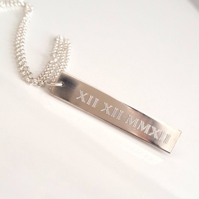 Silver Roman Numeral Necklace - Custom Date Bar - Custom Engraved - Save the Date Necklace - Roman Numeral Pendant - Vertical  Date Pendant