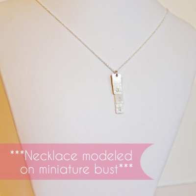 Silver Vertical Bar Tag Necklace with Letters - Personalized Vertical Rectangle Pendant with 1 2 3 4 Kids Initials - Unique Push Present