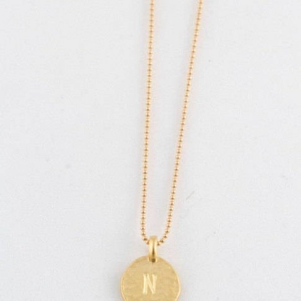 Simple " N " Initial Minimal Gold Necklace Dainty Matte Gold Hammered Disc Delicate Handmade Jewelry Tiny Minimal Necklace