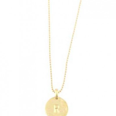Simple " R " Initial Minimal Gold Necklace Dainty Matte Gold Hammered Disc Delicate Handmade Jewelry Tiny Minimal Necklace