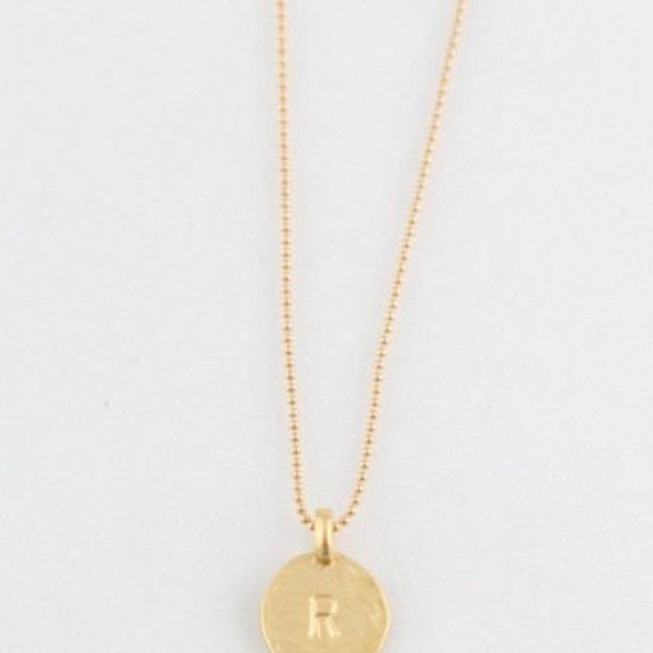 Simple " R " Initial Minimal Gold Necklace Dainty Matte Gold Hammered Disc Delicate Handmade Jewelry Tiny Minimal Necklace
