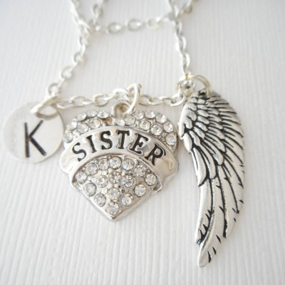 Sister, Angel Wing- Initial Necklace/ big sis, little sister, sisters jewelry and gifts, Necklace for Sisters, Special sister, girl gift