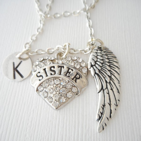 Sister, Angel Wing- Initial Necklace/ big sis, little sister, sisters jewelry and gifts, Necklace for Sisters, Special sister, girl gift