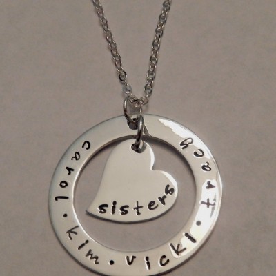 Sisters Necklace Hand Stamped  ~ Sterling Silver Sisters Necklace ~ Stamped Sisters Necklace ~ Washer with Floating Heart Charm Necklace
