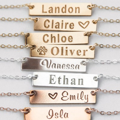 Small Name Necklace, Gold Bar Necklace, Custom Names, Initials, Dates, Sterling Silver, Gold Filled, Rose Gold Filled