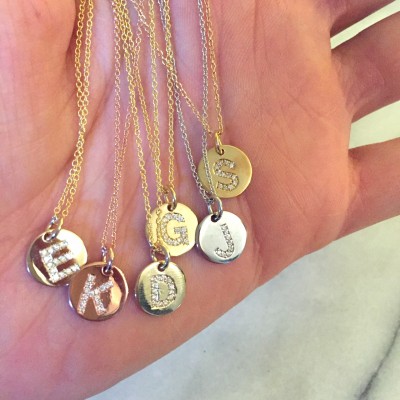 Small diamond initial necklace, diamond letter disc necklace