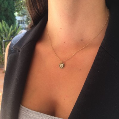 Small diamond initial necklace, diamond letter disc necklace