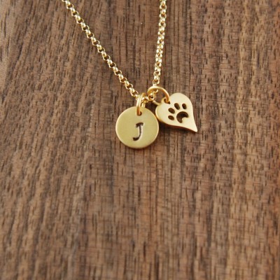 Small gold vermeil initial and heart shaped paw print charm and gold filled necklace, cat paw, dog paw, cat jewelry, dog jewelry