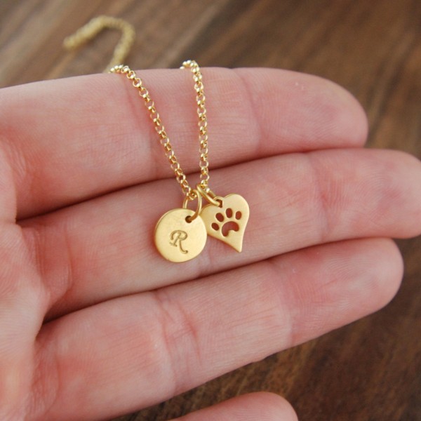 Small gold vermeil initial and heart shaped paw print charm and gold filled necklace, cat paw, dog paw, cat jewelry, dog jewelry