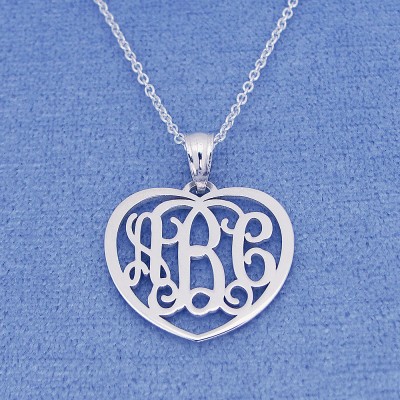 Solid Sterling Silver 3 Initials Monogram Heart Pendant Necklace Jewelry 3/4" Wide SM51