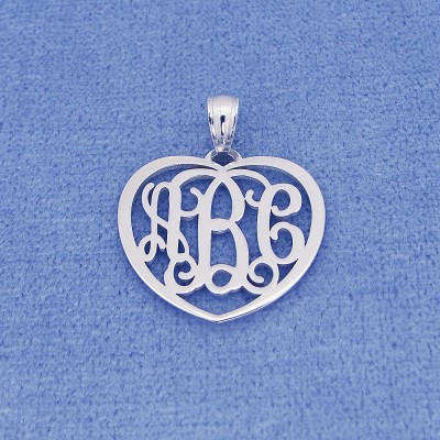 Solid Sterling Silver 3 Initials Monogram Heart Pendant Necklace Jewelry 3/4" Wide SM51