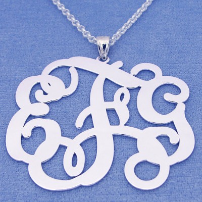 Solid Sterling Silver 3 Initials Monogram Pendant Necklace Jewelry 2 1/8 inch SM35