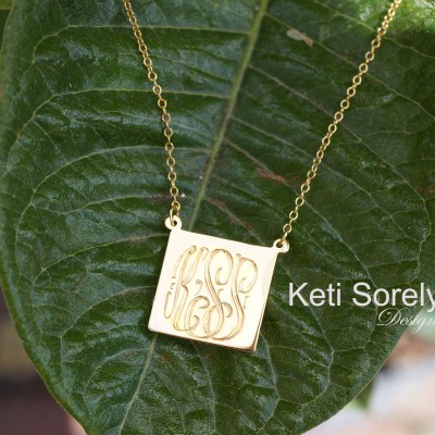 Square Monogram Charm Necklace with Engraved Initials in Sterling Silver, Yellow or Rose Gold, 14K Gold Filled - Personalized Charms