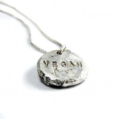 Stamped vegan necklace Silver vegan jewelry Silver pebble pendant Vegan friendly gifts Custom message Sterling monogram Memorial jewelry