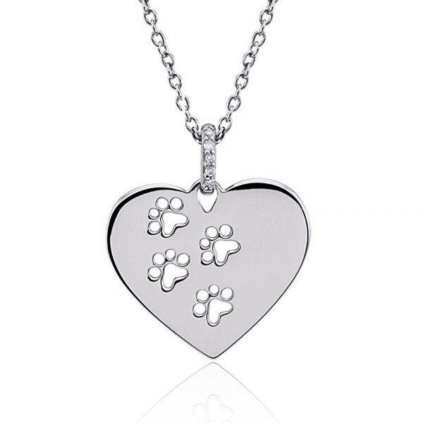 Sterling Silver Cat Dog Paw Necklace with Diamond Accent GIFT BOXED