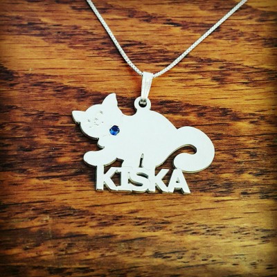 Sterling Silver Cat Name Necklace /  Name Necklace  / Cat Charm /  Personalized Pet Charm Birthstone Design Pendant / Gift for Pet Lover