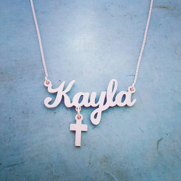 Sterling Silver Cross Pendant / Personalized Name Necklace / Silver Cross charm / Nameplate necklace / Silver Name  Necklace / Free Shipping