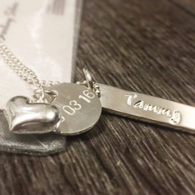 Sterling Silver Hand Stamped Bar and Heart Necklace