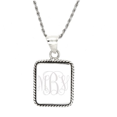 Sterling Silver Monogram Personalized Engravable Rope Edge Rope Trim Rectangular Pendant with Rope Chain Necklace