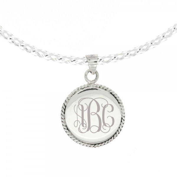 Sterling Silver Monogram Personalized Engravable Rope Edge Rope Trim Round Pendant Necklace