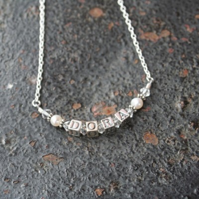 Sterling Silver Name Necklace 4.5 mm block letter Children Mother GrandMother 4 LETTERS
