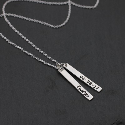 Sterling Silver Name and Date Necklace; Personalized Hand Stamped Family Necklace