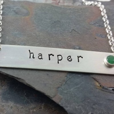 Sterling Silver Personalized Bar Necklace with Genuine Birthstone