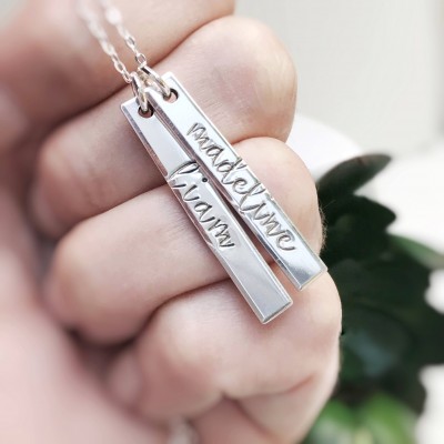 Sterling Silver Skinny Name Cursive Pendant Mom Mommy Necklace Thick Choose Number of Tags Gift for Her