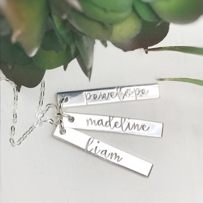 Sterling Silver Skinny Name Cursive Pendant Mom Mommy Necklace Thick Choose Number of Tags Gift for Her