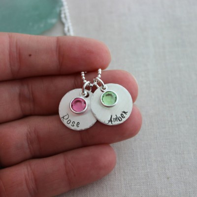 Sterling Silver Two name hand stamped necklace, Circles Disc, Swarovski Crystal Birthstone, Personalized, Mommy Jewelry - Gift for her