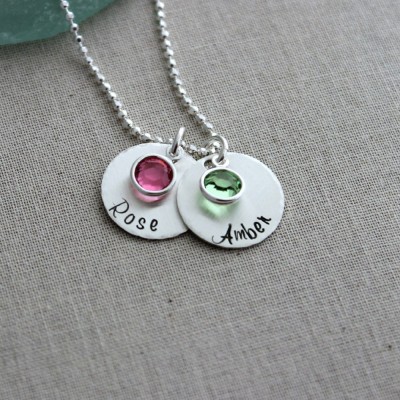Sterling Silver Two name hand stamped necklace, Circles Disc, Swarovski Crystal Birthstone, Personalized, Mommy Jewelry - Gift for her