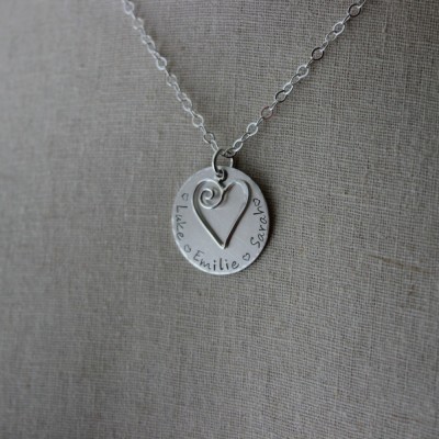 Sterling Swirl heart and Children's names, Sterling Silver Mom Necklace Gift for Grandma, Nana, Momma, Personalized Disk Multiple names