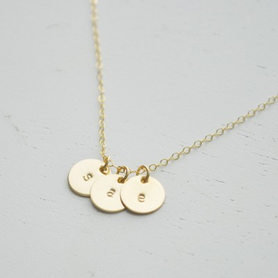 Three Gold Disc Initial Necklace gold filled disc small circle round personalized charm hand stamped pendant gift - simple everyday jewelry