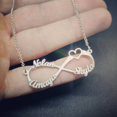 Three names necklace - silver infinity with heart necklace - three names infinity - necklace sterling silver - family names necklace