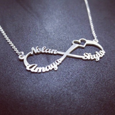 Three names necklace - silver infinity with heart necklace - three names infinity - necklace sterling silver - family names necklace