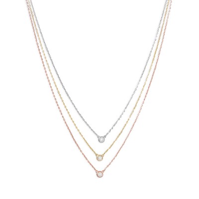 Three-tone Triple Necklace with Cubic Zirconia 14 Karat Yellow Gold and Rose Gold on Sterling Silver Delicate Necklace for Women